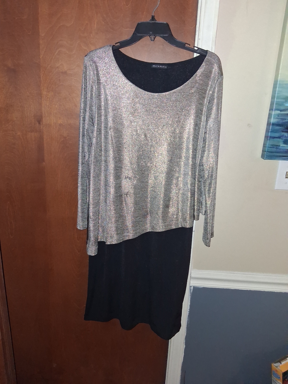 Nally & Millie Metallic Silver and Black Long Sleeve Two-Tone Dress
